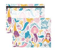 2 Packs 3 Ring Binder Pocket A4 Size Binder Pouches Clear PVC Loose Leaf Folder Sleeves Storage Bags for Files Colorful Mermaid Woman Marine Plants Corals Summer Shark on White
