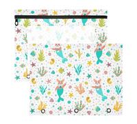 2 Packs 3 Ring Binder Pocket A4 Size Binder Pouches Clear PVC Loose Leaf Folder Sleeves Storage Bags for Files Corgi Dog with Mermaid Tail, Seaweed, Corals Fish Starfishes