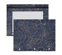 2 Packs 3 Ring Binder Pocket A4 Size Binder Pouches Clear PVC Loose Leaf Folder Sleeves Storage Bags for Files Copper-Gold Shiny Outline Rose Peony Flowers Leaves on Navy Blue