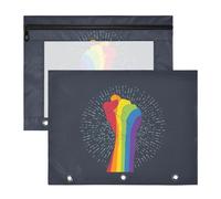 2 Packs 3 Ring Binder Pocket A4 Size Binder Pouches Clear PVC Loose Leaf Folder Sleeves Storage Bags for Files Rainbow Colored Hand with a Fist Raised up with Rays on Dark Blue
