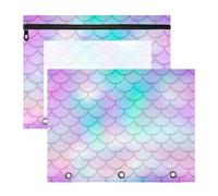 2 Packs 3 Ring Binder Pocket A4 Size Binder Pouches Clear PVC Loose Leaf Folder Sleeves Storage Bags for Files Pink Turquoise Purple Gradient Mermaid Tail Scale Fishes Scale