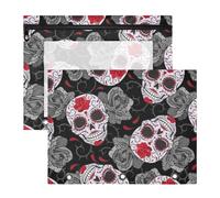 2 Packs 3 Ring Binder Pocket A4 Size Binder Pouches Clear PVC Loose Leaf Folder Sleeves Storage Bags for Files Seamless Gothic Sugar Skulls with Red Roses, Grey Roses Thorns
