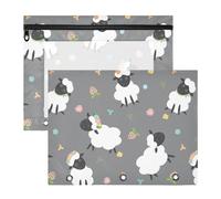 2 Packs 3 Ring Binder Pocket A4 Size Binder Pouches Clear PVC Loose Leaf Folder Sleeves Storage Bags for Files Black White Sheep Lambs Wild Flowers on a Dark Gray Background
