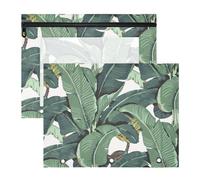 2 Packs 3 Ring Binder Pocket A4 Size Binder Pouches Clear PVC Loose Leaf Folder Sleeves Storage Bags for Files Seamless Old Green Hotel Banana Leaves on White Pattern