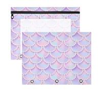 2 Packs 3 Ring Binder Pocket A4 Size Binder Pouches Clear PVC Loose Leaf Folder Sleeves Storage Bags for Files Violet Mermaid Tail Scales Texture with White Pearls