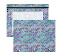 2 Packs 3 Ring Binder Pocket A4 Size Binder Pouches Clear PVC Loose Leaf Folder Sleeves Storage Bags for Files Colorful Mermaid Tail Scales Ocean Wave Blue Green Teal Purple
