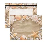 2 Packs 3 Ring Binder Pocket A4 Size Binder Pouches Clear PVC Loose Leaf Folder Sleeves Storage Bags for Files Seashells, Starfish and Sea Pebbles Frame on Beach Sand