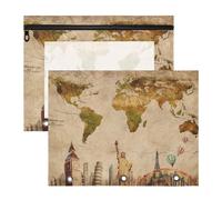 2 Packs 3 Ring Binder Pocket A4 Size Binder Pouches Clear PVC Loose Leaf Folder Sleeves Storage Bags for Files European Travelling Concept Retro World Map Statue of Liberty