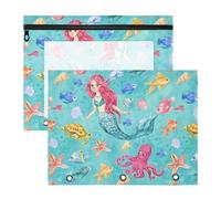 2 Packs 3 Ring Binder Pocket A4 Size Binder Pouches Clear PVC Loose Leaf Folder Sleeves Storage Bags for Files Seamless Marine Mermaid Fishes Pink Octopus Sea Turtle on Turquoise