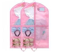2 Packs 39.37 Inch Dance Costume Garment Bag for Travel with Handles, Kids Hanging Clothes Cover for Girls Closet Storage with 3 Clear Zipper Pockets & 1 Large Zipper Pocket (Pink)