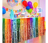 2 Packs 9 Ft x 2.4 Ft Foil Fringe Table Skirt Garland Tinsel Backdrop Banner for Baby Shower Banquet Parade Floats Trailer Mardi Gras Birthday Christmas Wedding Party New Years Eve Decor Colorful