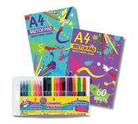 2 Packs A4 Sketch Pad 60 Sheets 80gsm Thick White Paper with 24 Colouring Pens for Kids - 8X Brush Pens, 8X Fibre Tip pens, 8X Magic Pens for Kids | Safe, Non-Toxic | Drawing Set for Kids