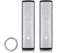 2 Packs Bling Seat Belt Cover for Women, Rhinestone Crystal Glitter Seat Belt Leather Shoulder Pads Car Decor Accessories with Start Button Ring Sticker