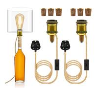 2 Packs Bottle Lamp Kit Do It Yourself, E27 Ceramic Lamp Holder, 240CM Hemp Rope Cable, Bottle Light Adaptor Kit with 3 Sizes of Stoppers, DIY Table Lamp Kits, Light Fittings for Bottles, Bronze