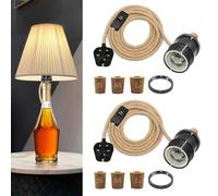 2 Packs Bottle Lamp Kit Do It Yourself UK, E27 Lamp Holder, 240CM Hemp Rope Cable, Bottle Light Kit, Including 3 Sizes of Stoppers, DIY Table Light Fitting for Various Bottles, Black