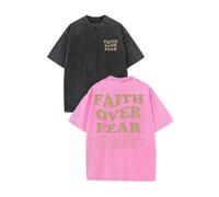 2 Packs Christian Faith Over Fear T Shirt for Men Oversized Tee Graphic Acid Washed Baggy T-Shirt, Black+pink, Large
