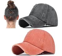 2 Packs Distressed Ponytail Hat for Women Criss Cross Hat Baseball Cap Pony Tail Caps High Bun, 2pcs Black Orange, M/L