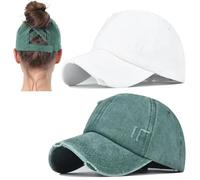 2 Packs Distressed Ponytail Hat for Women Criss Cross Hat Baseball Cap Pony Tail Caps High Bun, 2pcs White Green, M/L