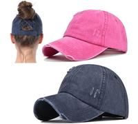 2 Packs Distressed Ponytail Hat for Women Criss Cross Hat Baseball Cap Pony Tail Caps High Bun, 2pcs Navy Pink, M/L