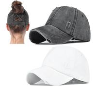2 Packs Distressed Ponytail Hat for Women Criss Cross Hat Baseball Cap Pony Tail Caps High Bun, 2pcs Black White, M/L
