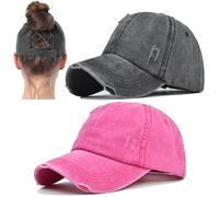 2 Packs Distressed Ponytail Hat for Women Criss Cross Hat Baseball Cap Pony Tail Caps High Bun, 2pcs Black Pink, M/L