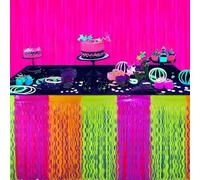 2 Packs Glow in The Dark Party Supplies Neon Party Table Skirts Streamers Decorations Yellow Orange Pink Wavy Metallic Tinsel Foil Fringe Banner Photo Booth Birthday Decorations 108 x 29.5 inch/each