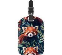 2 Packs Luggage Tags, PU Leather Travel Suitcase Labels with Privacy Name Address Card, Red Panda Hides in Leave Jungle