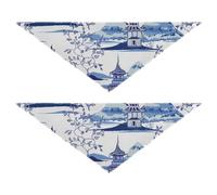 2 Packs Pet Bandanas, Dog Triangle Scarf, Adjustable Pet Headscarf Kerchief for Medium Dog Cats Daily Wear M Beautiful Vintage Blue Ink Chinese Pagodas, Mountains, Trees