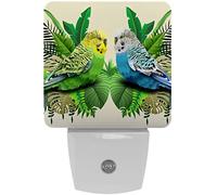 2 Packs Plug-in LED Night Lamp with Smart Dusk to Dawn, Green and Blue Budgie in Leaves Night Guiding Light for Bathroom Kids Bedroom Hallway Stairs Nursery