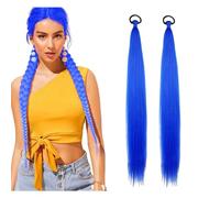 2 Packs Purple/Blue/Pink Ponytail Extension with Elastic Tie Straight Sleek Wrap Around Braid Ponytail, Festival Crazy Hair Day Accessories for Girl, Shimmer Tinsel Ponytails Colorful