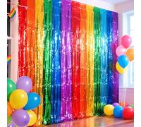 2 Packs Rainbow Foil Fringe Curtain, Assorted Color Metallic Tinsel Backdrop for Birthday, Baby Shower, Wedding, Rainbow Party Decorations Supplies