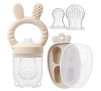 2 Packs Silicone Baby Fruit Feeder with Freezer Nibble Tray Combo, Baby Fresh & Frozen Food Feeder Popsicle Molds Includes Extra Food Pouches (Beige)
