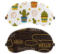2 Packs Sleep Mask, Completely Block Out Light Eye Mask for Side Sleeper, Hello Different Language Brown Zero Eye Pressure Night Blindfold, Adjustable Eye Shade Cover