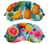 2 Packs Sleep Mask, Tropical Flamingo Pineapple Watermelon Completely Block Out Light Eye Mask for Side Sleeper, Zero Eye Pressure Night Blindfold, Adjustable Eye Shade Cover
