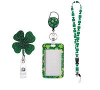 2 Packs St.Patrick's Day Glitter Shamrock Badge Reel with Clip,Green Leaf ID Badge Holder with Clover Lanyards Retractable Badge Holder/Reel Lanyard for Nurses,Office & Teachers,Student