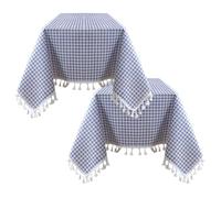 2 Packs Tablecloths Tassel Table Cloth 55x55 inch Square Blue and White Checkered Tablecloth Tassel Decoration Table Cover Suitable for Pastoral Style Coffee Table, Tabletop Decoration(140x140cm)