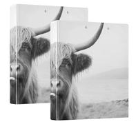 2 Packs, Three Ring Binder Clipboard Round Ring Binder Holds 1.5 in Heavy Duty Ring Binders File Folder for Supplies Print Scottish Highland Cow Black White Retro Style