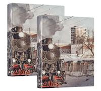 2 Packs, Three Ring Binder Clipboard Round Ring Binder Holds 1.5 in Heavy Duty Ring Binders File Folder for Supplies Print Steam Train with Smoke Moves Toward in Snow Winter