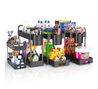 2 Packs Under Sink Organizer and Storage, Stackable Kitchen Bathroom Organizer 2 Tier Under the Sink Organizers Multi-Usage Counter Cabinet Organizers Bath Shelf Baskets w 4 Hanging Cup Hooks, Black