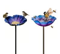 2 Packs Vintage Standing Birdbath Bowl with Drinking Bowl Birds Bathing Basin Handmade Metal Flower Garden Stake for Garden Birds Bee Waterer Supplies