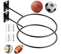 2 Packs Wall Mounted Sports Ball Storage Rack Organizer with Secure Net & Hook, Heavy Duty Metal Display Holder for Basketball, Football, Soccer, Volleyball, Rugby - Space Saving Design, Easy Install