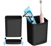 2 Packs Wall Mounted Toothbrush Holder, Black Toothbrush Holders with Drain Tray for Bathroom, Tooth Brush Holder for Electric Toothbrush Toothpaste Razor, Tableware Holder for Kitchen