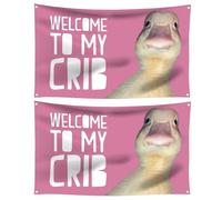 2 Packs Welcome to My Crib Flags - 3x5 Feet Humorous Duck Meme Background Crib Banner, Durable Man Cave Tapestry Poster with 4 Brass Grommets, Yard Signs, Parties Supplies, College Dorm and Home Decor