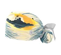 2 Packs Working Cap with Buttons and Ribbon Tie for Women Long Hair, Adjustable Cotton Sweatband Ponytail Holder Tie Back Hats, Japanese Surfing Wave Art Painting Multi