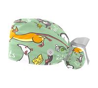 2 Packs Working Cap with Buttons Sweatband Adjustable Hats Surgical Caps for Women Men, Fancy Rat Animal Green