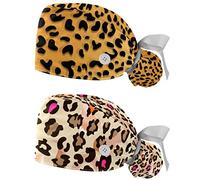 2 Packs Working Cap with Buttons Sweatband Adjustable Hats Surgical Caps for Women Men, Leopard Print Background