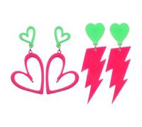 2 Pair 80s 90s Acrylic Earrings, Neon Pink Green Heart & Lightning Bolt Earring Retro Jewelry Gift for Women 80s 90s Costume Outfit Glow Party Decorations Halloween Accessories Scene Supplies