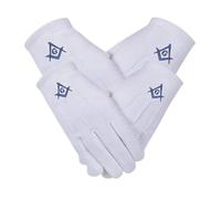 (2 Pair) Blue Square And Compass Machine Embroidered Masonic 100% Cotton Glove One Size Fit To All