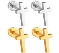 2 pair Cross Screw Flat Back Small Stud Earrings for Women Men Minimalist Surgical Steel Silver Plated Cartilage Tragus Piercing Sleeper Little Studs Hypoallergenic Birthday Gift