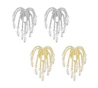 2-Pair Firework Pearl Statement Earrings for Women - Gold & Silver Chandelier Stud Earrings, Dainty Pearl-Drop Jewelry for Daily & Formal Occasions